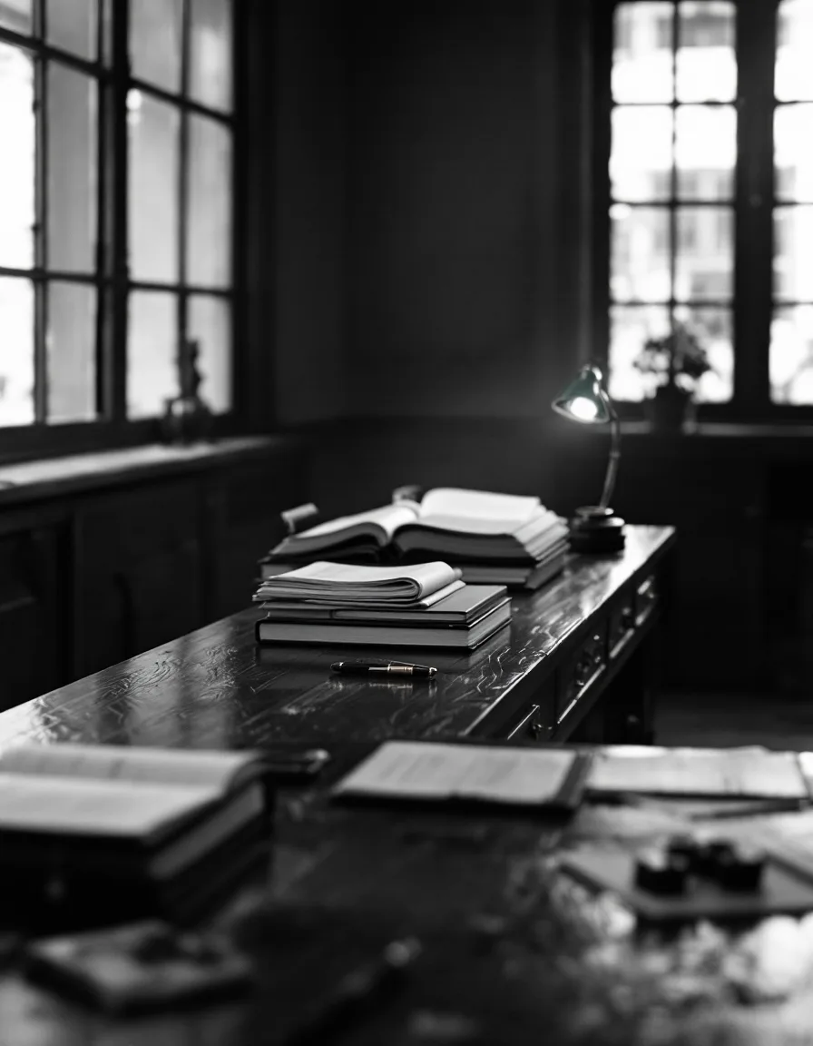 A long oak desk with bound ledgers, a fountain pen and a brass stamp in pale morning light