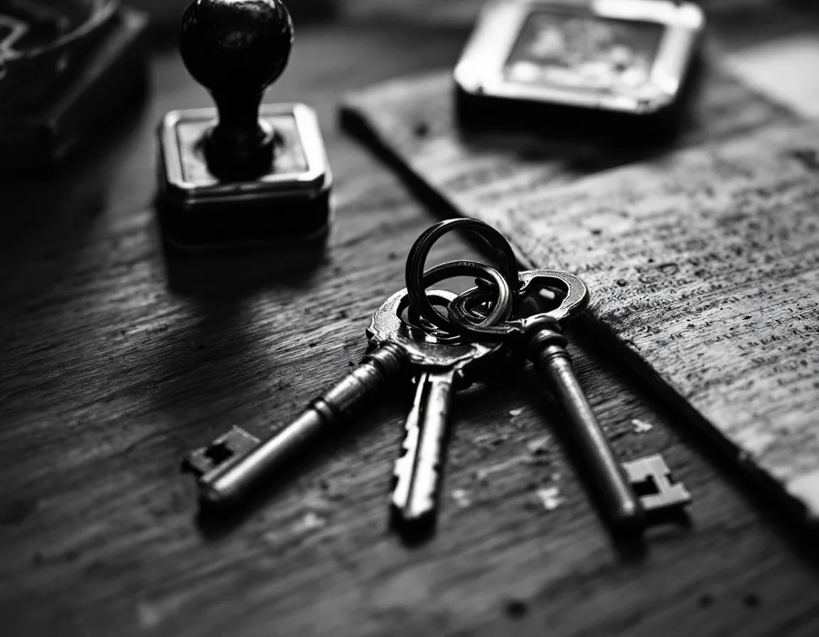 A ring of brass keys on a worn desk beside a rubber stamp and ink pad