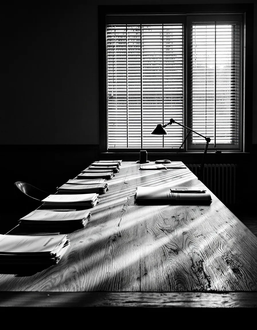 A long table of squared folders striped by light through venetian blinds