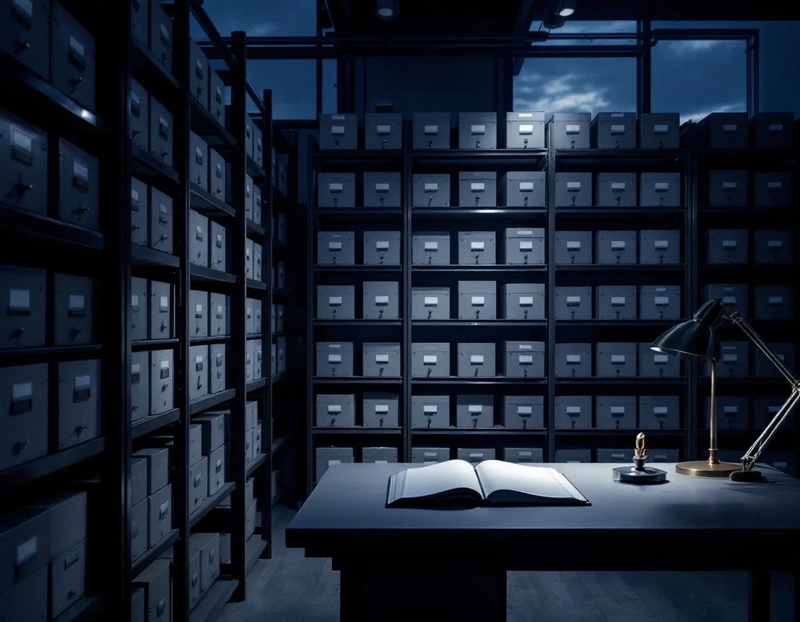An archive room with squared boxes on shelves and a ledger open under a desk lamp