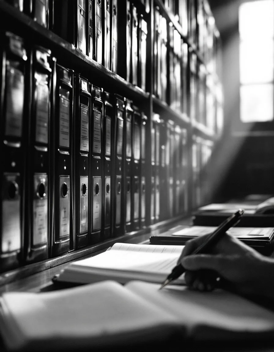 A wall of bound ledgers lit by a single shaft of window light, a fountain pen resting on an open page