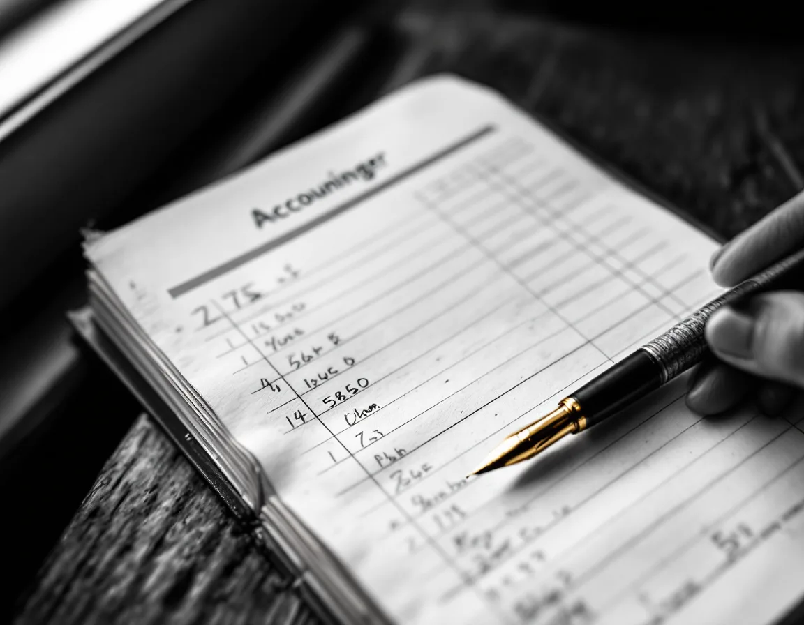 An open ledger with a single ruled line of figures and a pen resting beside it